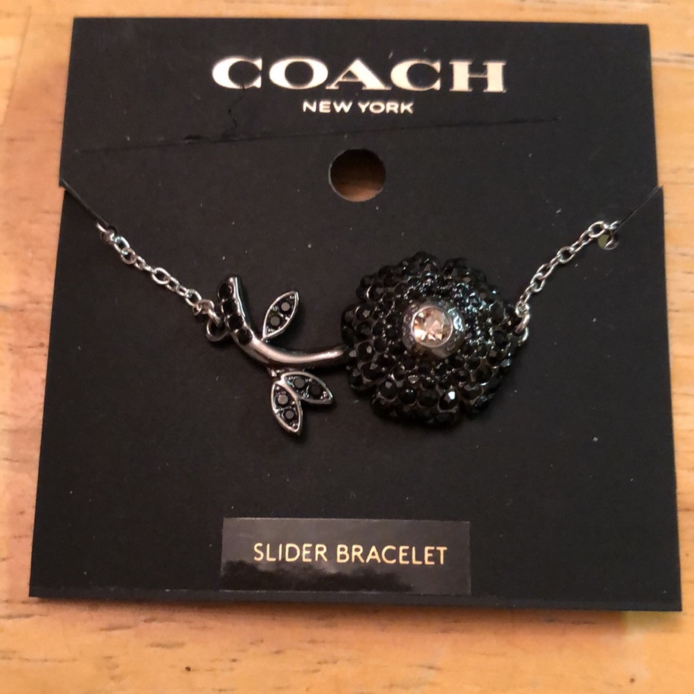 Coach Silver Tone Sparkling Black Daisy Slider Bracelet Crystal Accents NWT - Picture 4 of 11